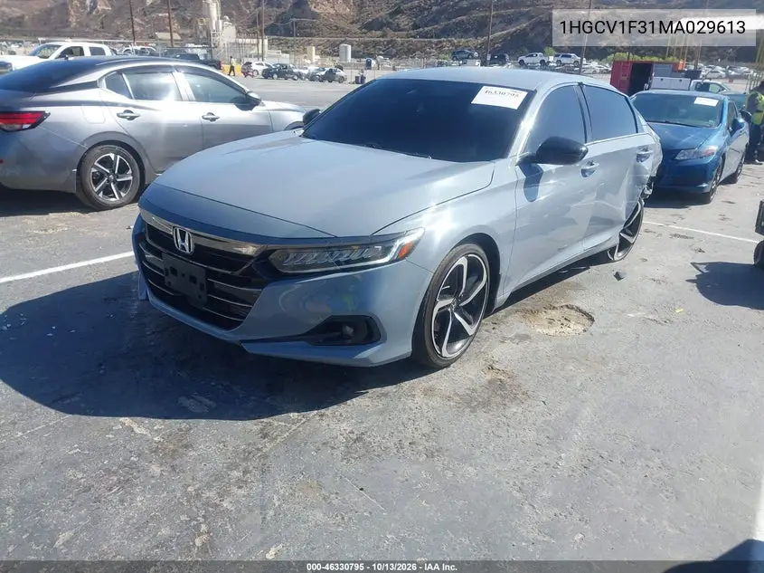 2021 HONDA ACCORD VIN 1HGCV1F31MA029613 — фото 2