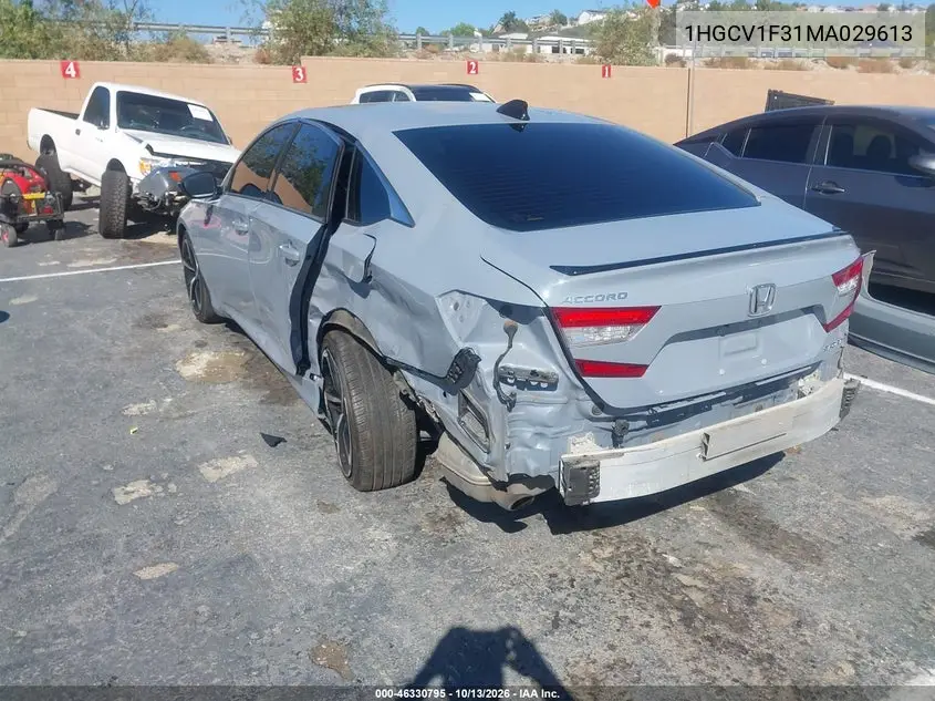 2021 HONDA ACCORD VIN 1HGCV1F31MA029613 — фото 3