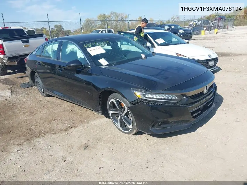 HONDA ACCORD 2021, VIN 1HGCV1F3XMA078194