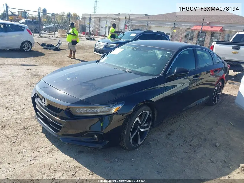 2021 HONDA ACCORD VIN 1HGCV1F3XMA078194 — фото 2