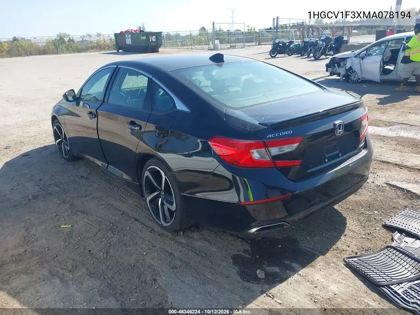 2021 HONDA ACCORD VIN 1HGCV1F3XMA078194 — фото 3