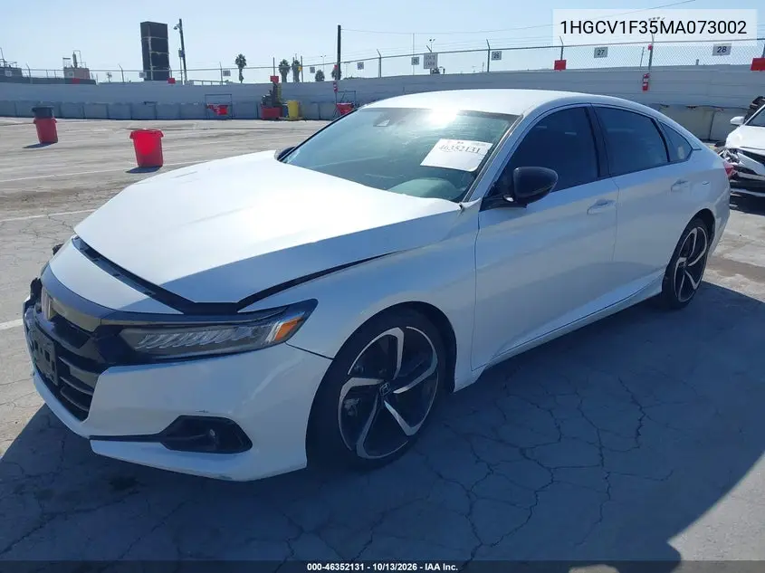 2021 HONDA ACCORD VIN 1HGCV1F35MA073002 — фото 2