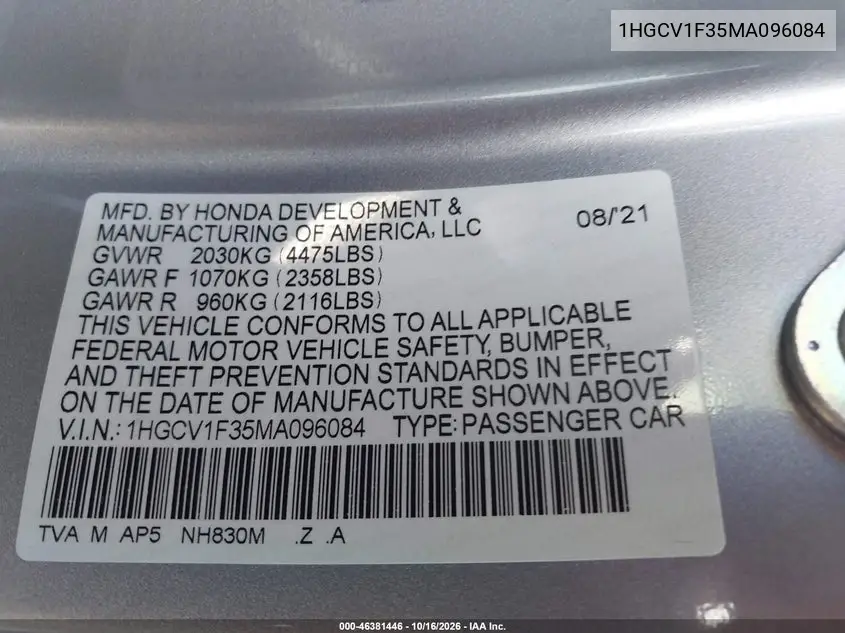 2021 HONDA ACCORD VIN 1HGCV1F35MA096084 — фото 9