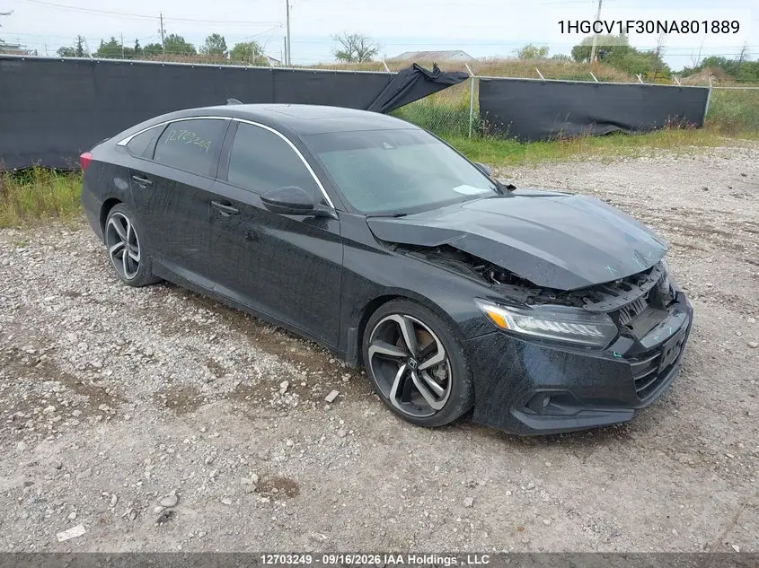 HONDA ACCORD 2022, VIN 1HGCV1F30NA801889