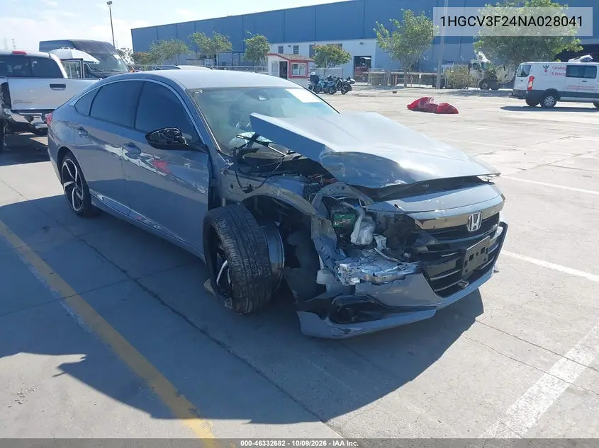 HONDA ACCORD 2022, VIN 1HGCV3F24NA028041