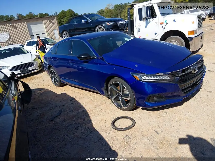 HONDA ACCORD 2022, VIN 1HGCV1F36NA026238