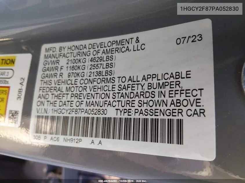 2023 HONDA ACCORD VIN 1HGCY2F87PA052830 — фото 9