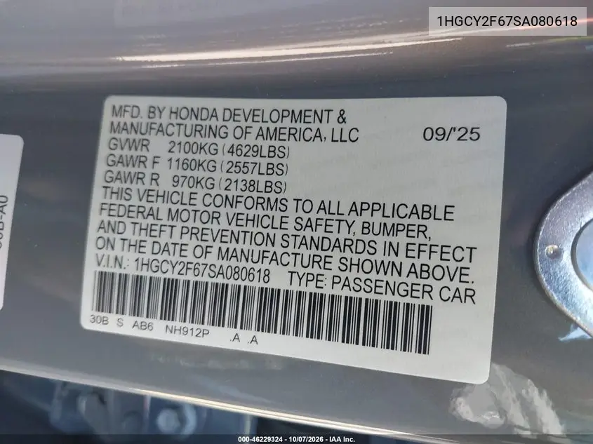 2025 HONDA ACCORD VIN 1HGCY2F67SA080618 — фото 9