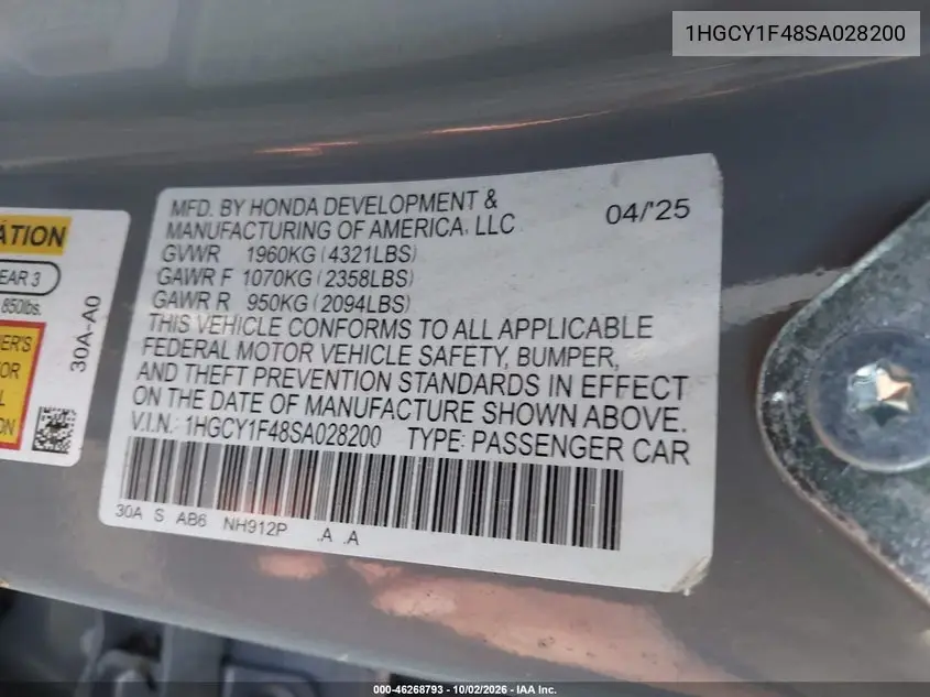 2025 HONDA ACCORD VIN 1HGCY1F48SA028200 — фото 9