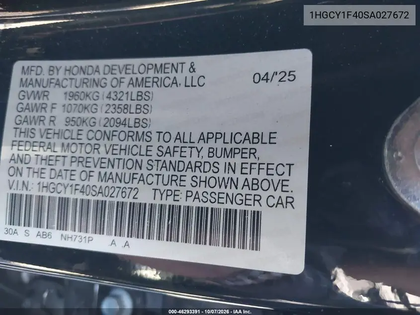 2025 HONDA ACCORD VIN 1HGCY1F40SA027672 — фото 9