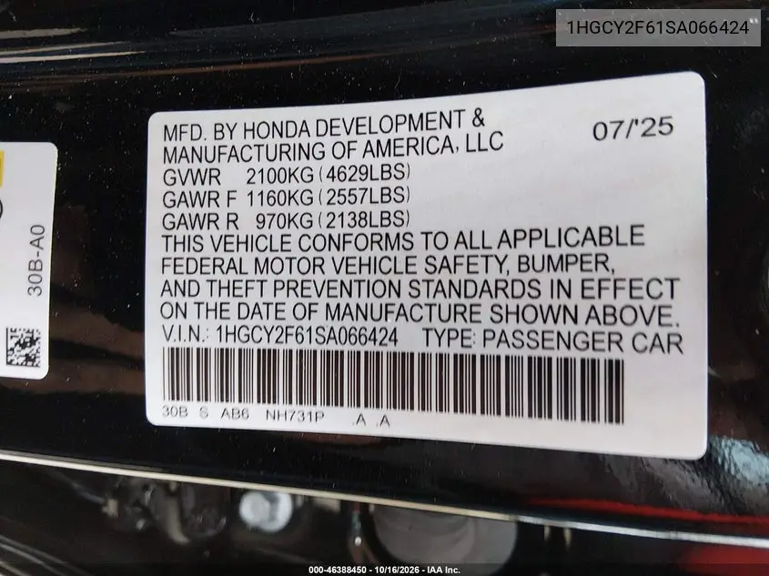 2025 HONDA ACCORD VIN 1HGCY2F61SA066424 — фото 9