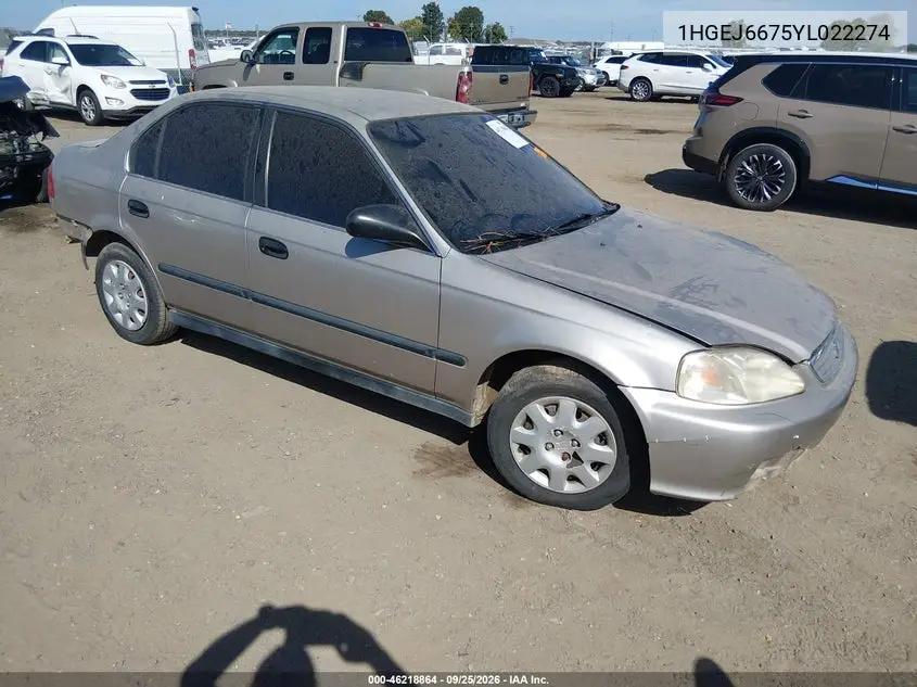 HONDA CIVIC 2000, VIN 1HGEJ6675YL022274