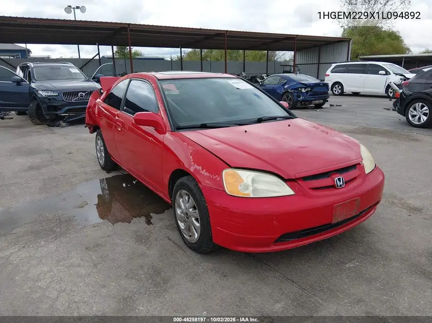 HONDA CIVIC 2001, VIN 1HGEM229X1L094892