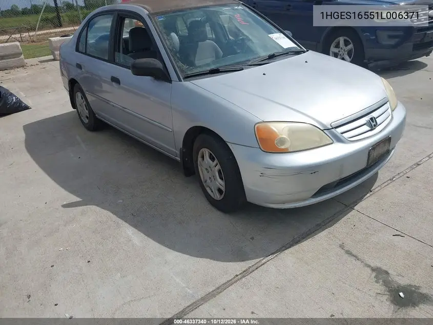 HONDA CIVIC 2001, VIN 1HGES16551L006371