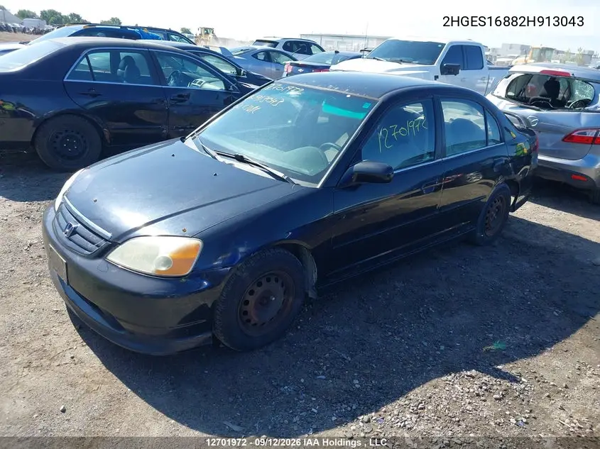 2002 HONDA CIVIC VIN 2HGES16882H913043 — фото 2