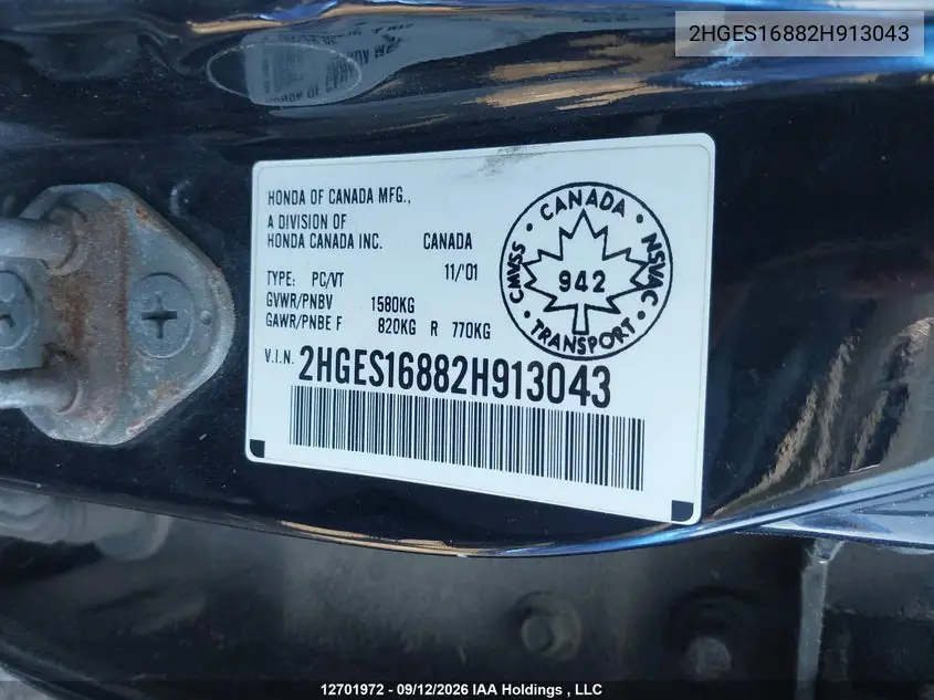 2002 HONDA CIVIC VIN 2HGES16882H913043 — фото 9
