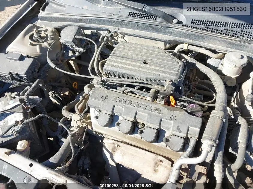 2002 HONDA CIVIC VIN 2HGES16802H951530 — фото 10