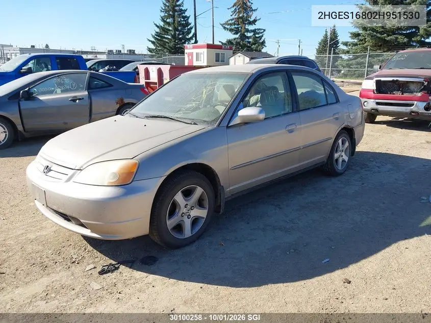 2002 HONDA CIVIC VIN 2HGES16802H951530 — фото 2