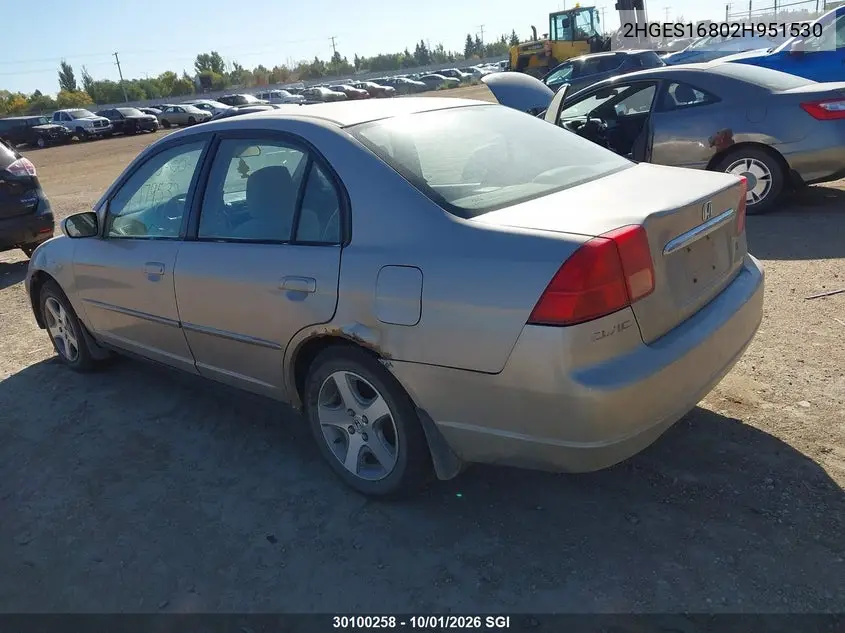 2002 HONDA CIVIC VIN 2HGES16802H951530 — фото 3