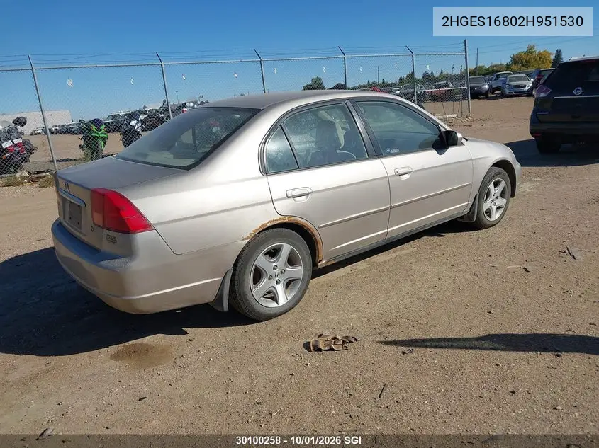 2002 HONDA CIVIC VIN 2HGES16802H951530 — фото 4