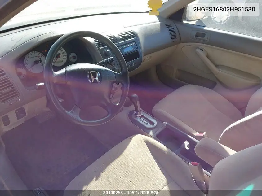 2002 HONDA CIVIC VIN 2HGES16802H951530 — фото 5