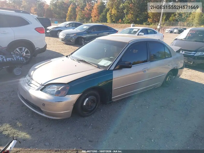 2002 HONDA CIVIC VIN 2HGES15552H571669 — фото 2