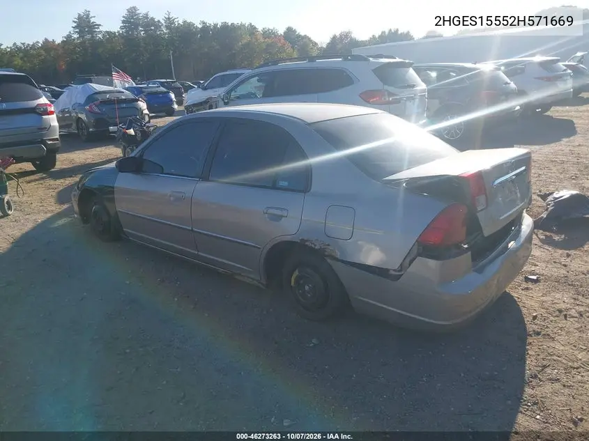 2002 HONDA CIVIC VIN 2HGES15552H571669 — фото 3