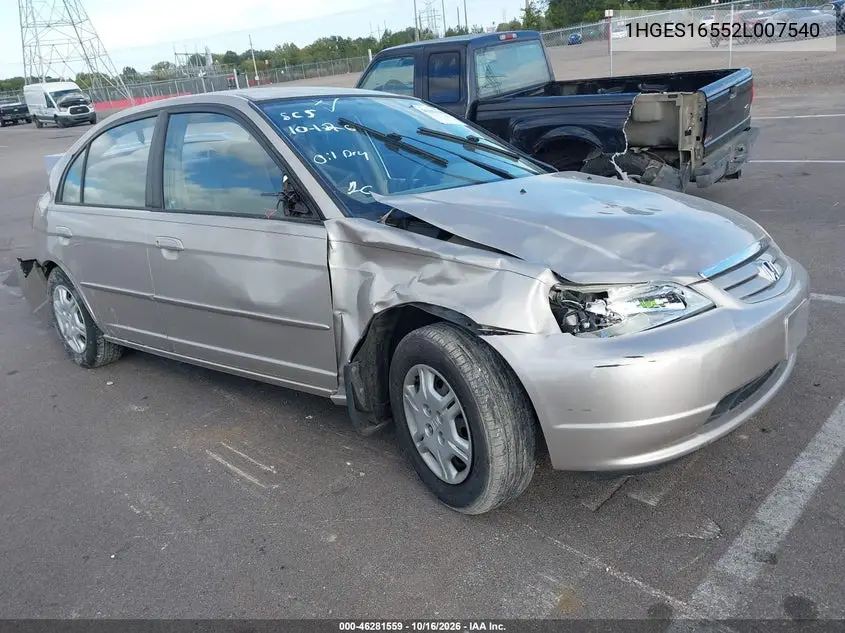 HONDA CIVIC 2002, VIN 1HGES16552L007540
