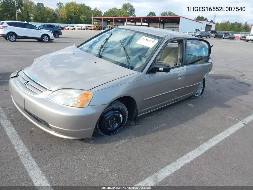 2002 HONDA CIVIC VIN 1HGES16552L007540 — фото 2