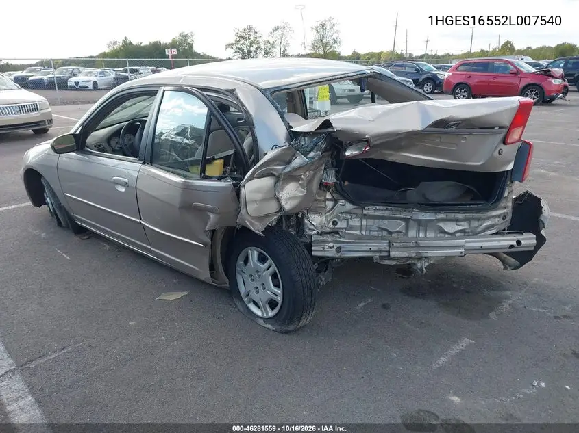 2002 HONDA CIVIC VIN 1HGES16552L007540 — фото 3