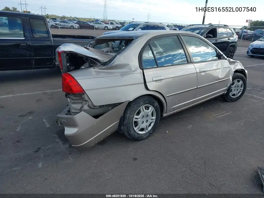 2002 HONDA CIVIC VIN 1HGES16552L007540 — фото 4