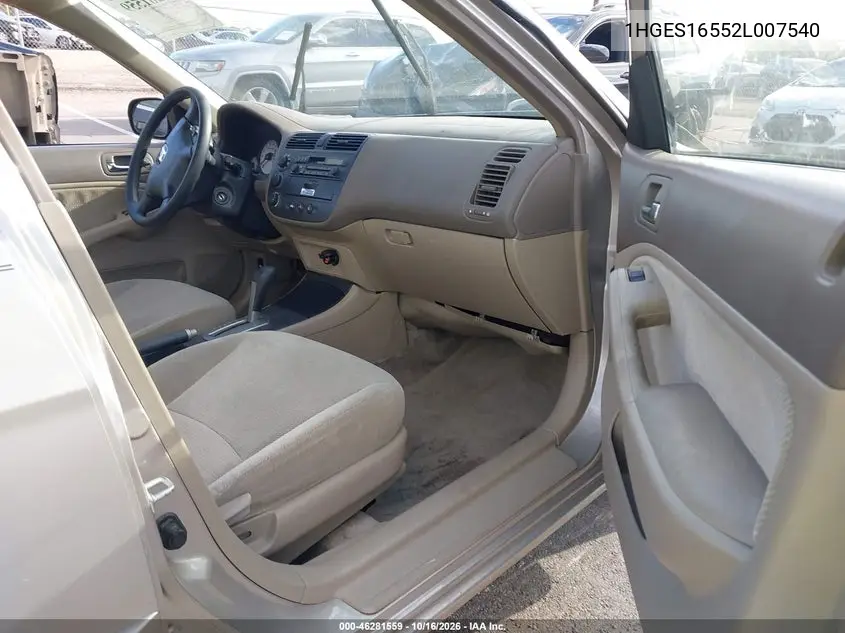 2002 HONDA CIVIC VIN 1HGES16552L007540 — фото 5