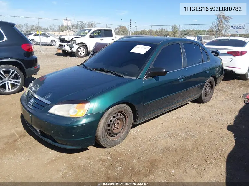 2002 HONDA CIVIC VIN 1HGES16592L080782 — фото 2