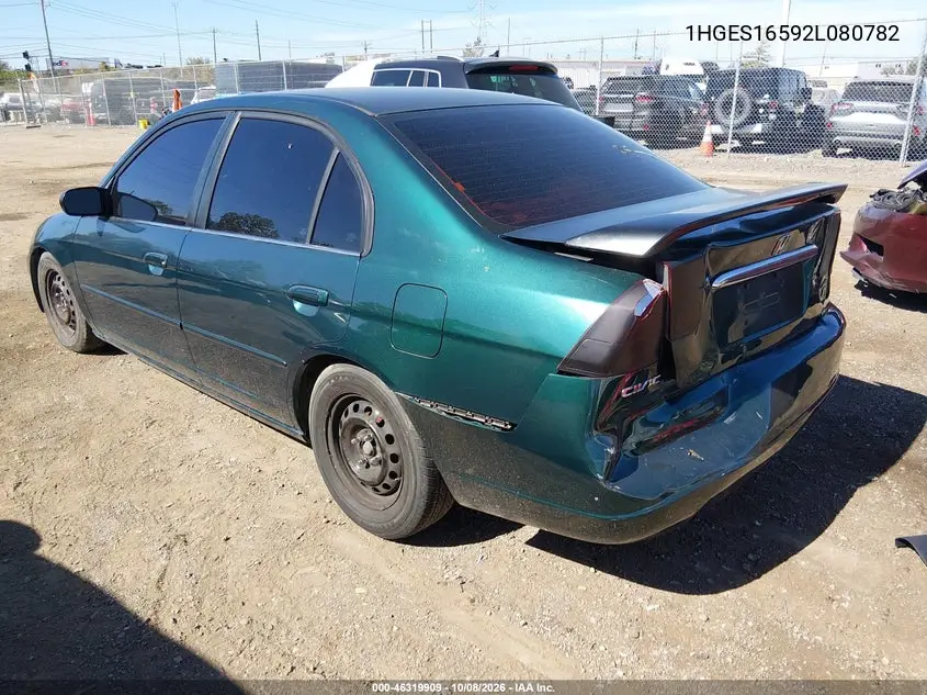 2002 HONDA CIVIC VIN 1HGES16592L080782 — фото 3