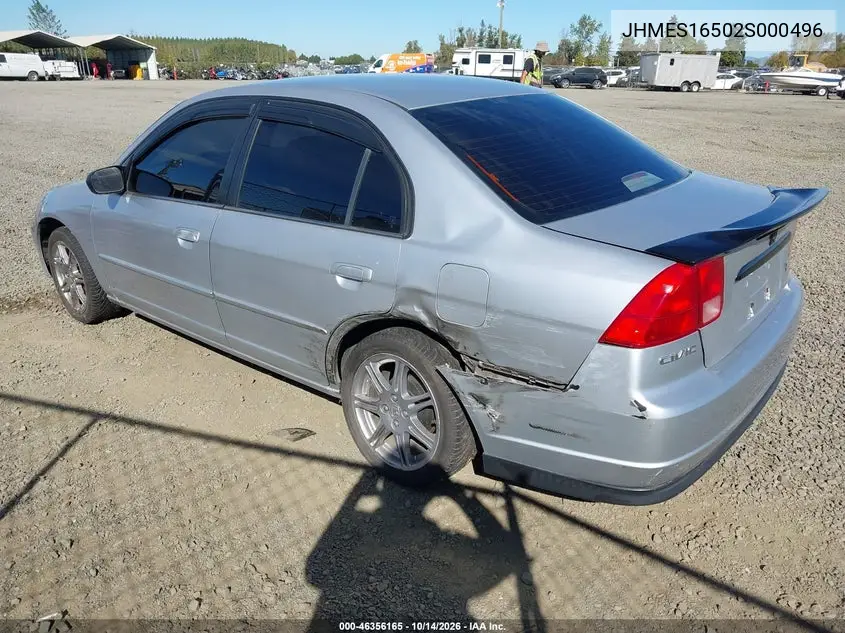 2002 HONDA CIVIC VIN JHMES16502S000496 — фото 3