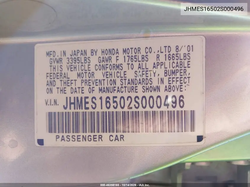 2002 HONDA CIVIC VIN JHMES16502S000496 — фото 9