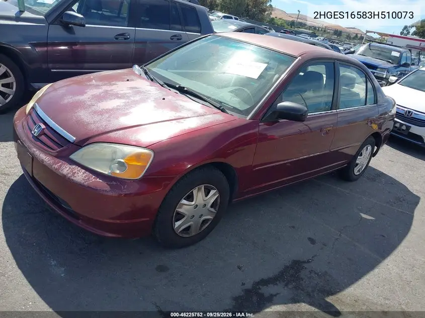 2003 HONDA CIVIC VIN 2HGES16583H510073 — фото 2