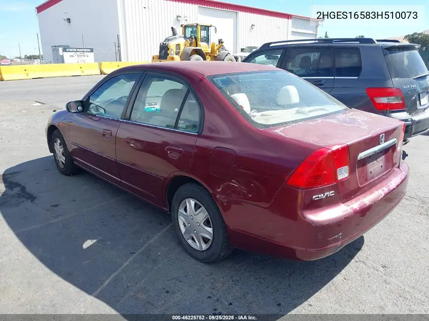 2003 HONDA CIVIC VIN 2HGES16583H510073 — фото 3