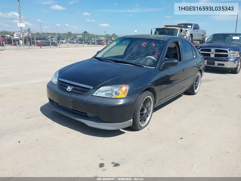 2003 HONDA CIVIC VIN 1HGES16593L035343 — фото 2