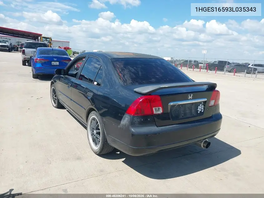 2003 HONDA CIVIC VIN 1HGES16593L035343 — фото 3