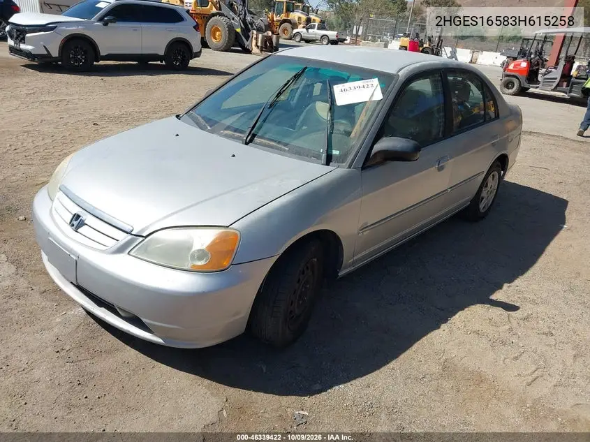 2003 HONDA CIVIC VIN 2HGES16583H615258 — фото 2