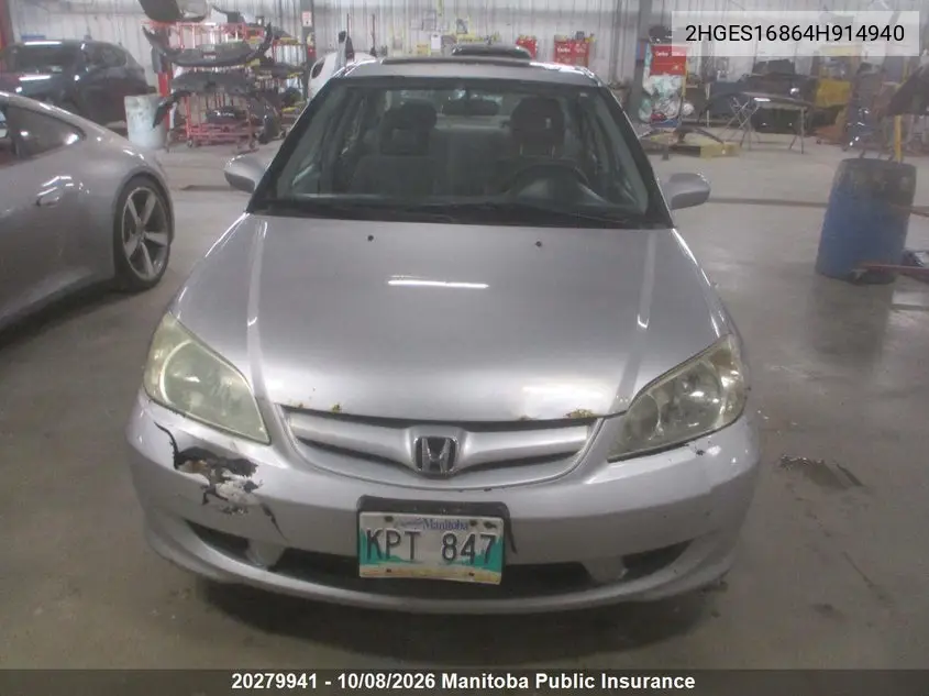 2004 HONDA CIVIC VIN 2HGES16864H914940 — фото 2