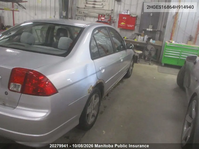 2004 HONDA CIVIC VIN 2HGES16864H914940 — фото 5