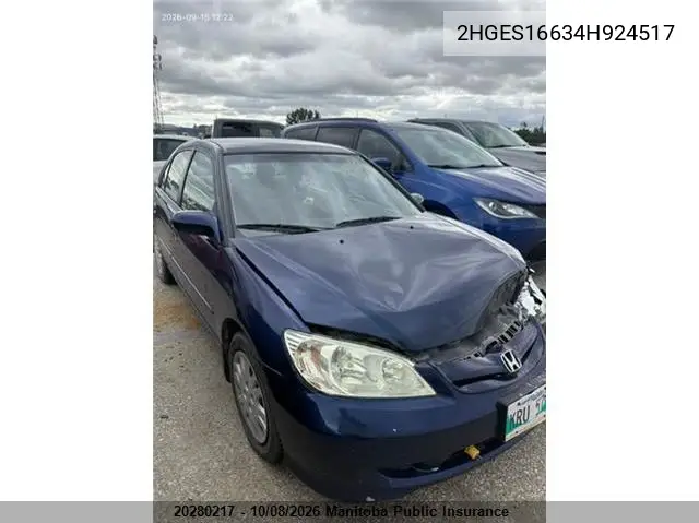 HONDA CIVIC 2004, VIN 2HGES16634H924517