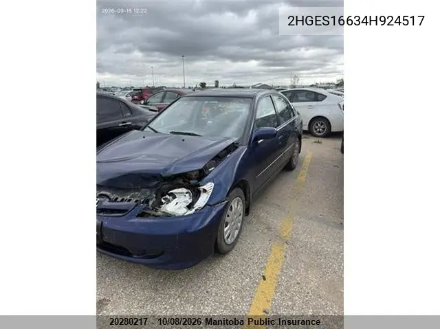2004 HONDA CIVIC VIN 2HGES16634H924517 — фото 2