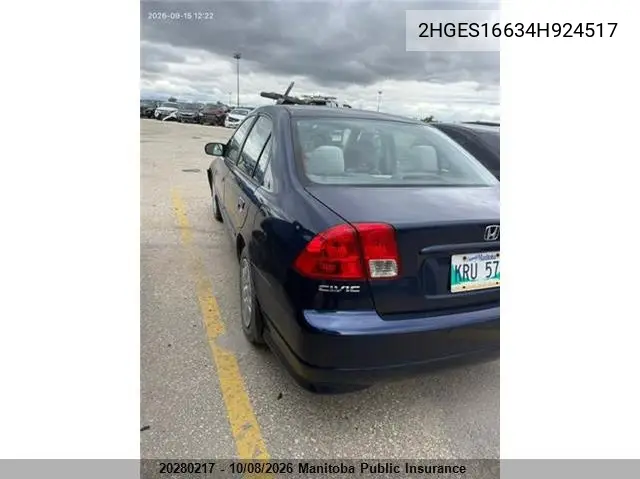 2004 HONDA CIVIC VIN 2HGES16634H924517 — фото 3