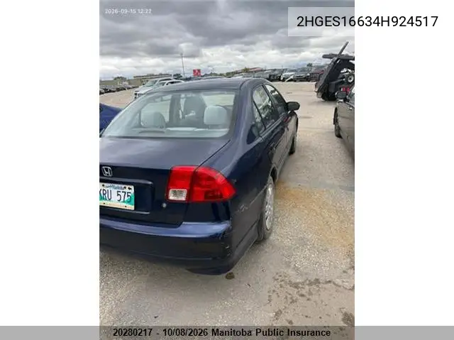 2004 HONDA CIVIC VIN 2HGES16634H924517 — фото 4