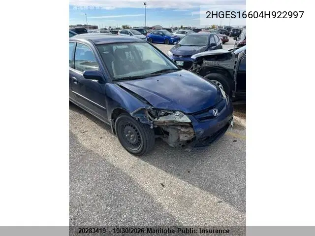 HONDA CIVIC 2004, VIN 2HGES16604H922997