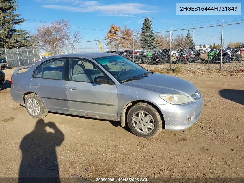 HONDA CIVIC 2004, VIN 2HGES16444H921849