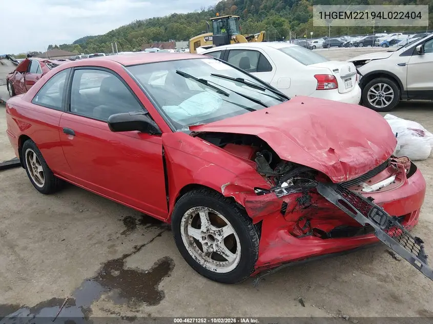 HONDA CIVIC 2004, VIN 1HGEM22194L022404